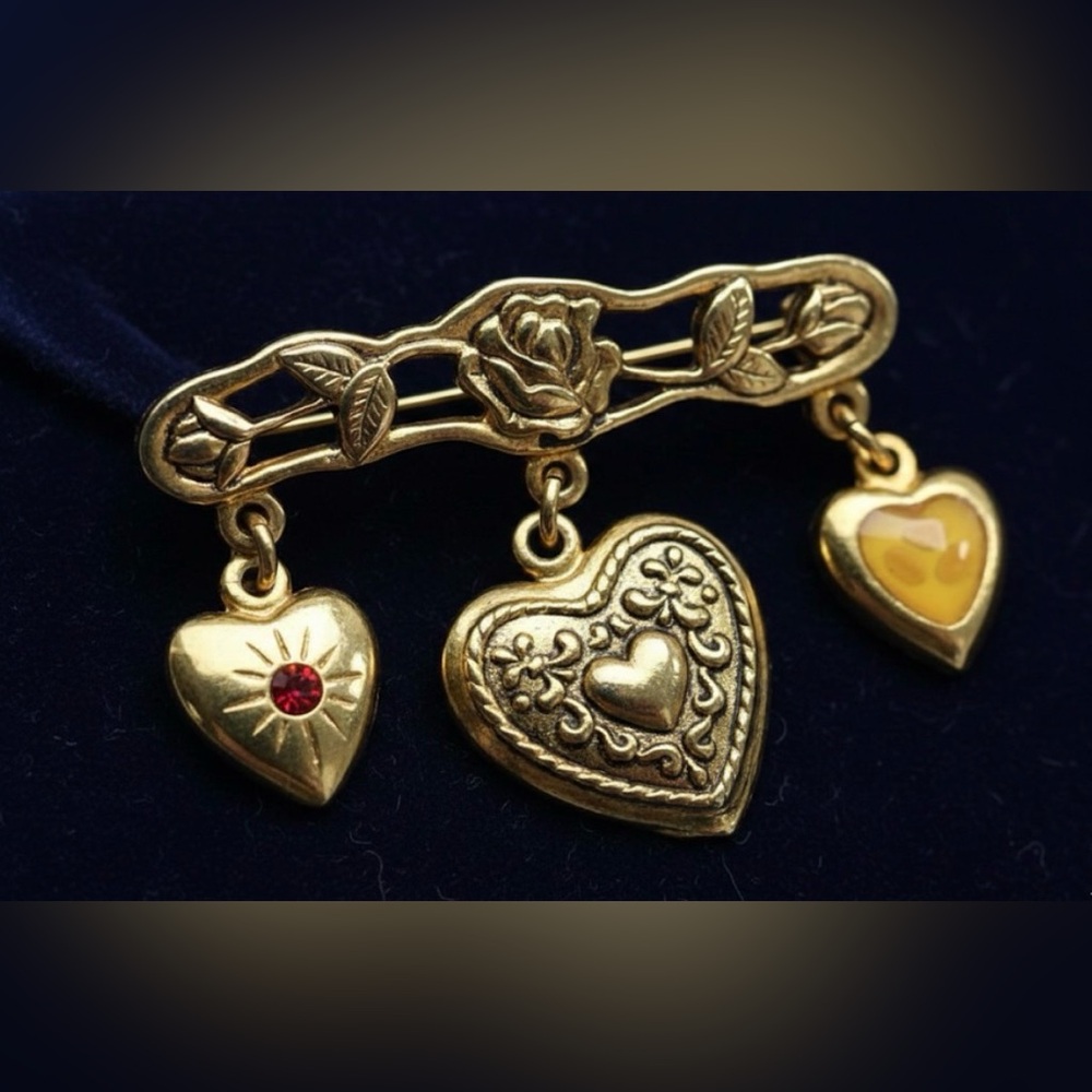 Vintage Victorian Revival Gold Tone Rose Bar Brooch with 3 Dangling Hearts